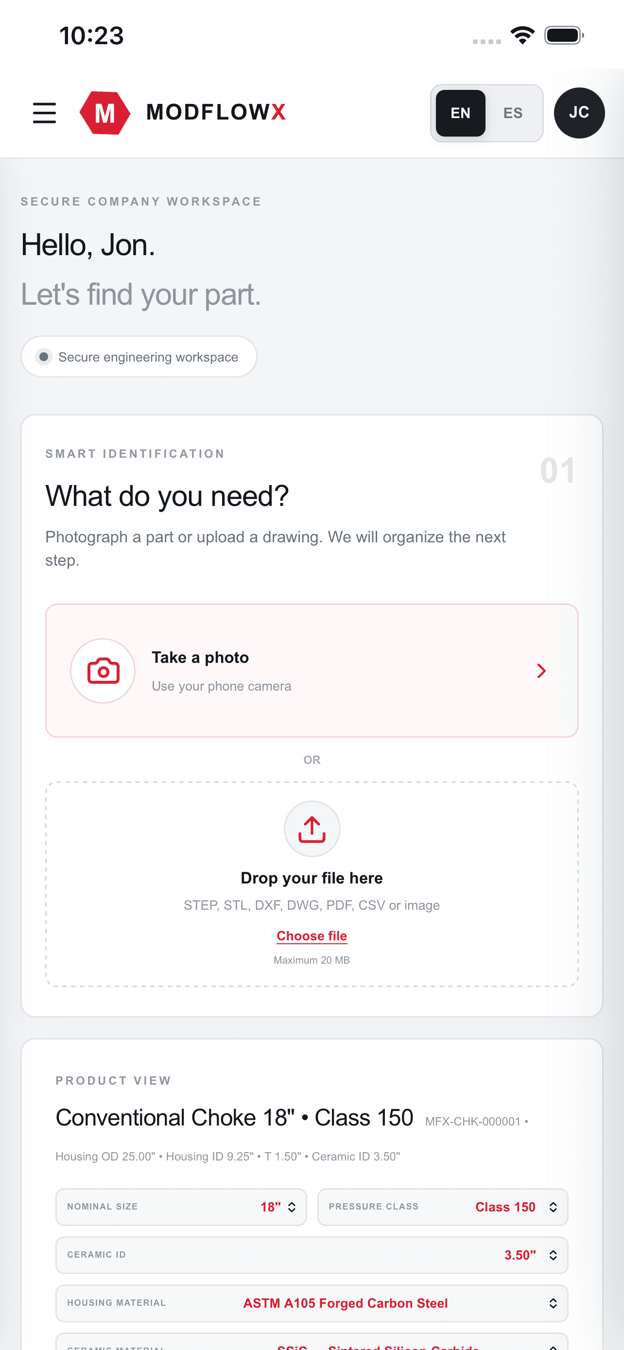 ModFlowX mobile upload screen with photo and file options
