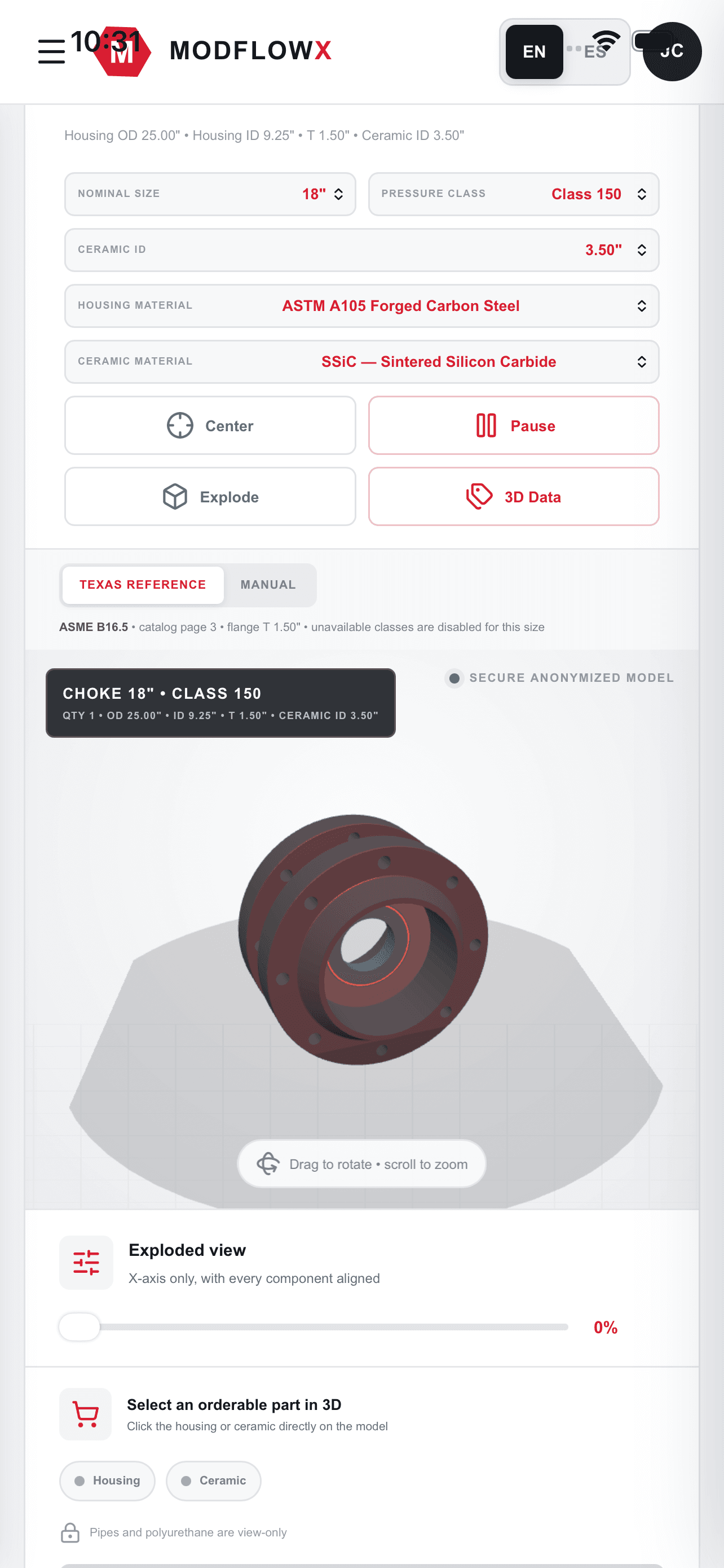 ModFlowX mobile 3D view of an inline choke